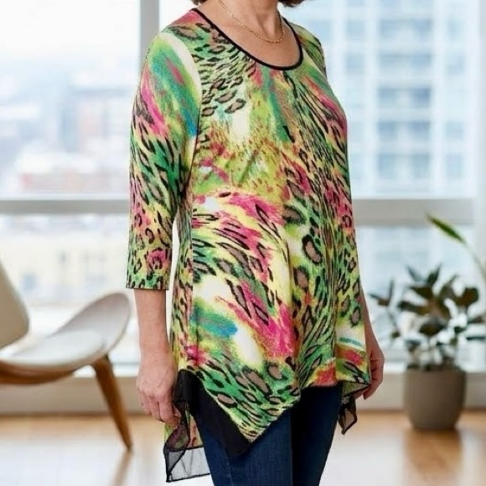 Peter Nygard Colourful Neon Leopard Print Tropical Mesh Trim Sharkbite Tunic